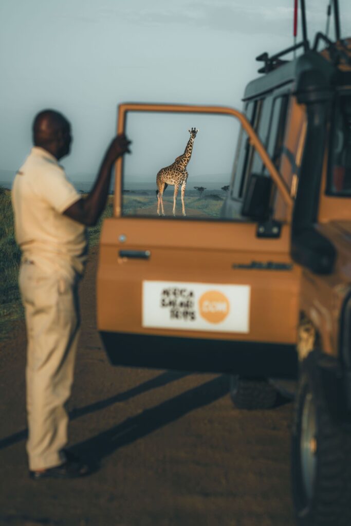 Gids met Giraffe op de achtergrond