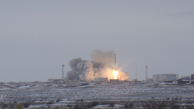 Een raketlancering vanuit het Cosmodrome Baikanoer in Centraal Kazachstan