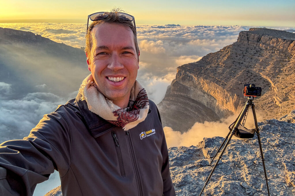 Selfie van Damien Franscoise van Fotoreisshop bij de Grand Canyon van Oman